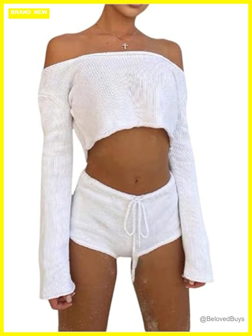 Crochet Two Piece Shorts Set Off The Shoulder Crop Top